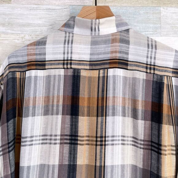 Haupt Germany Linen Blend Lawn Shirt Gray Brown Plaid Short Sleeve Mens Large - Picture 4 of 6